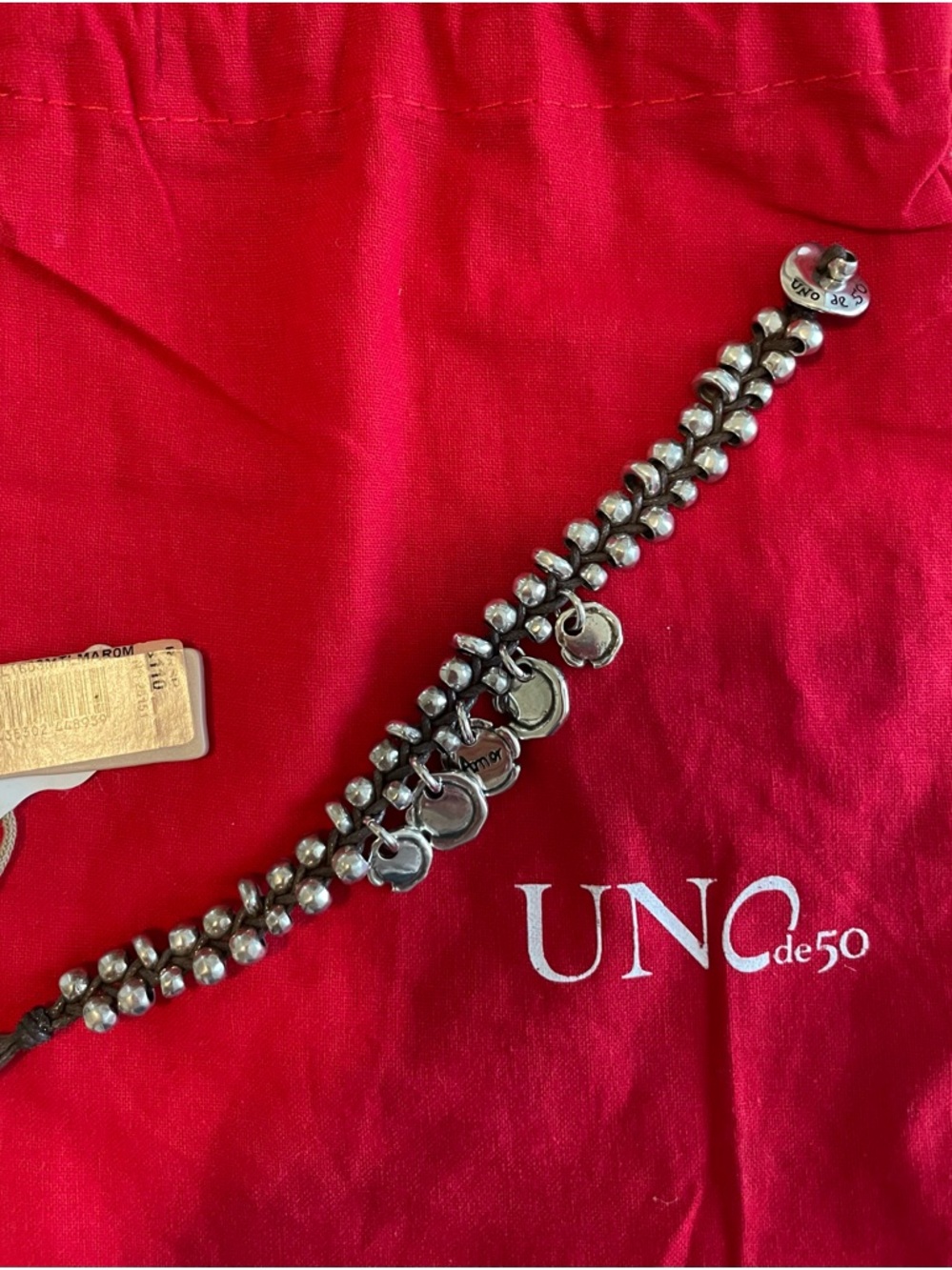UNO de 50 Tallis Silver Beaded Bracelet with Disc Charms & Brown leather cord - Picture 2 of 3
